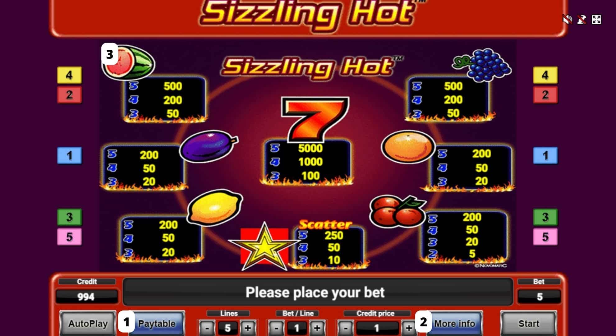 Sizzling Hot online slot Menu