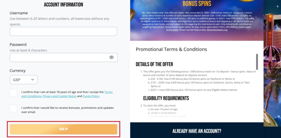 Final Step of Dream Vegas Registration