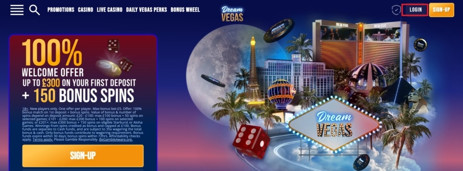 Log In Button at Dream Vegas Casino