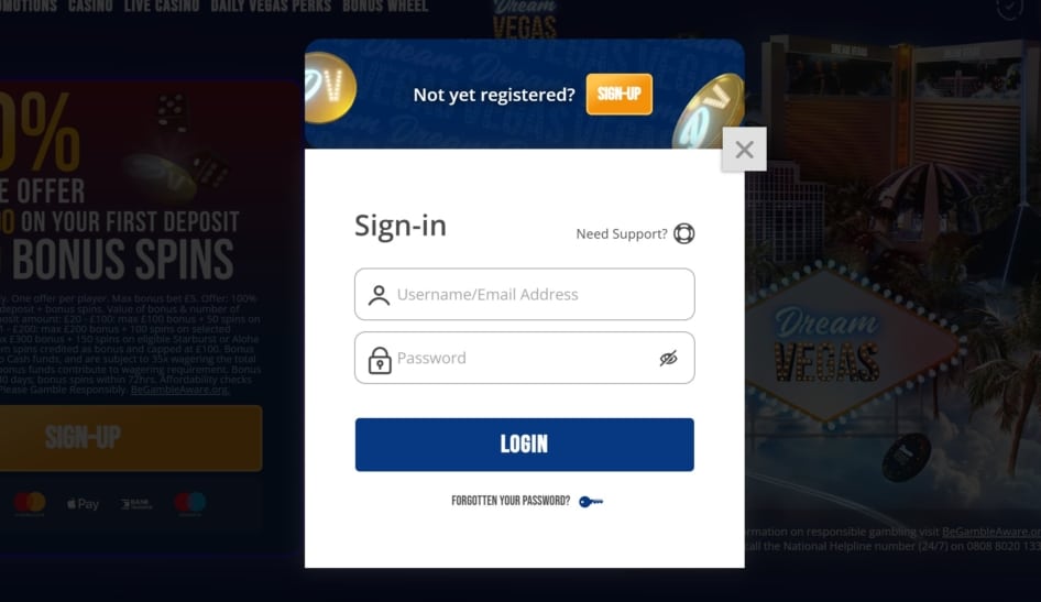 Log In Credentials at Dream Vegas