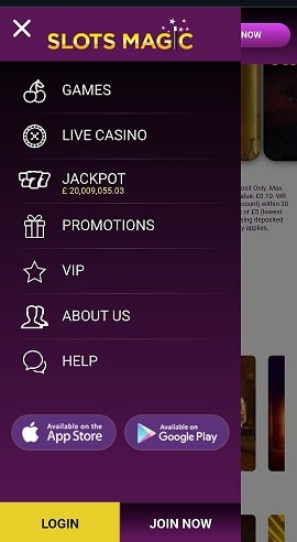 Mobile App Menu at SlotsMagic Casino