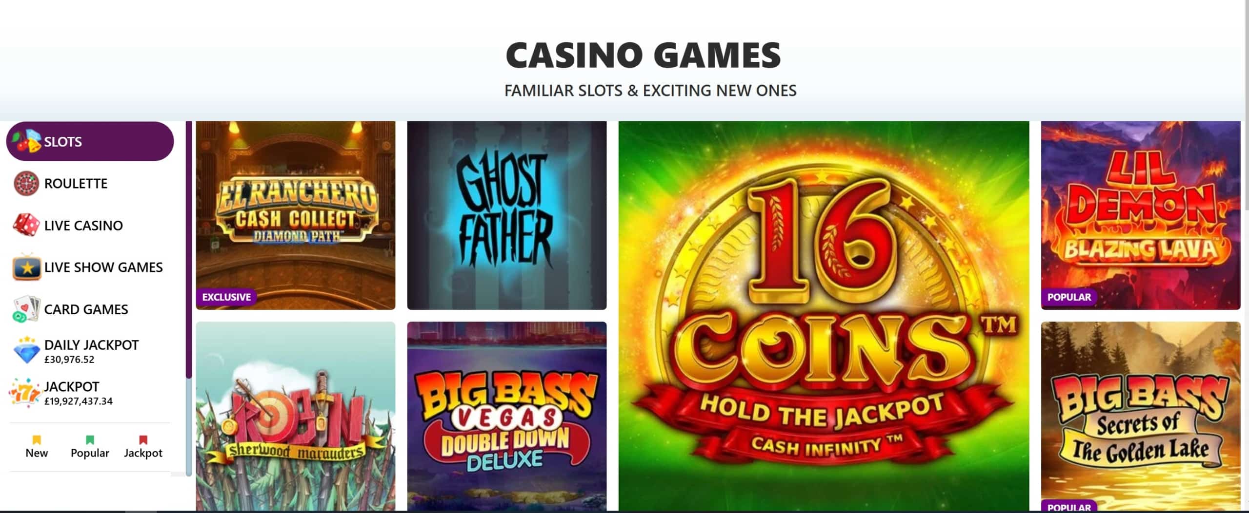 Selection of Games at Slots Magic Casino With Displayed Game Categories like Slots, Live Games, and Jackpots