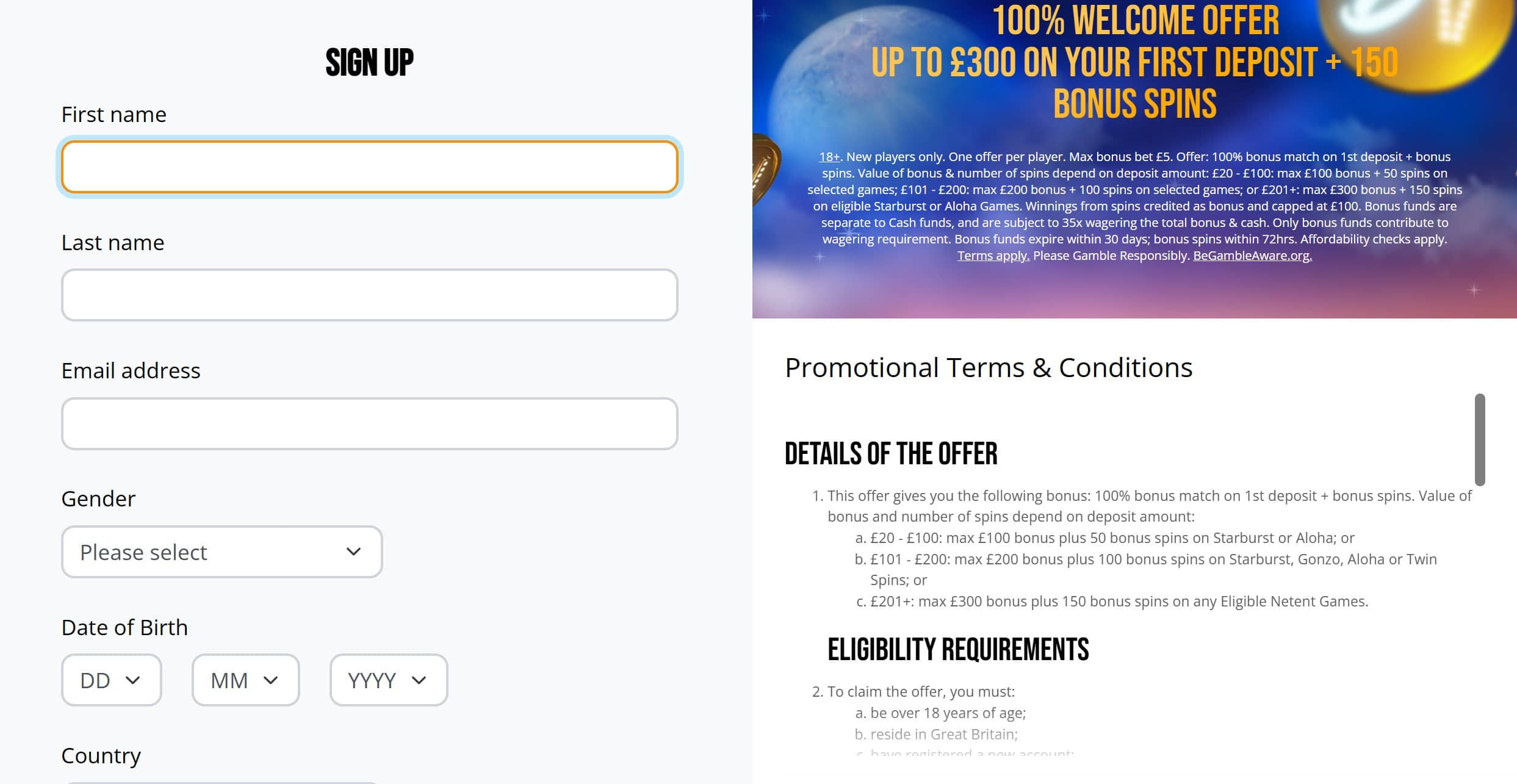 Account Registration Details at Dream Vegas, Including Full Name, Email Address, Gender, and Date of Birth