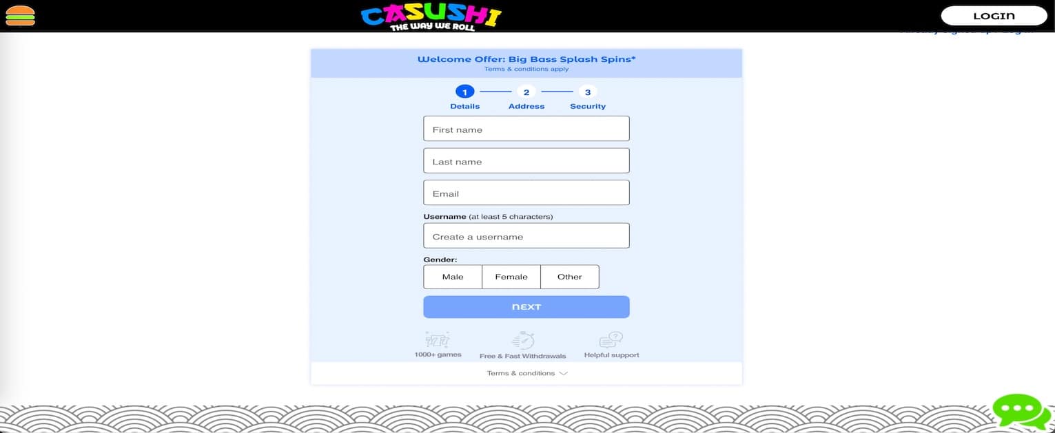 Casushi Casino Sign up form