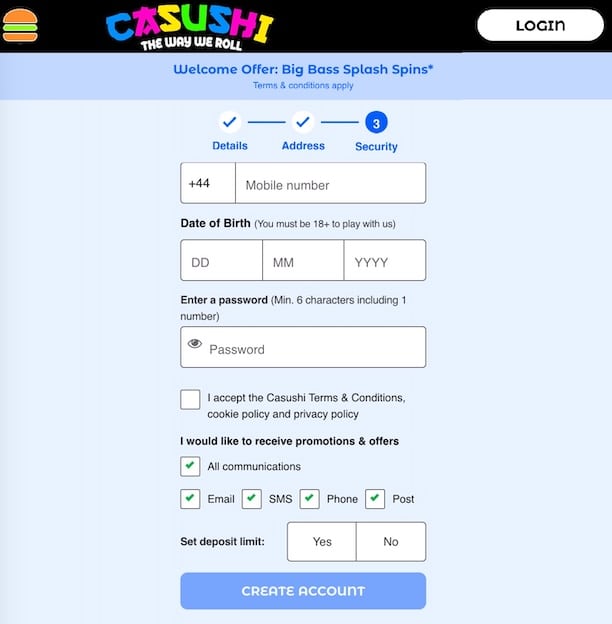 Casushi Casino Login form