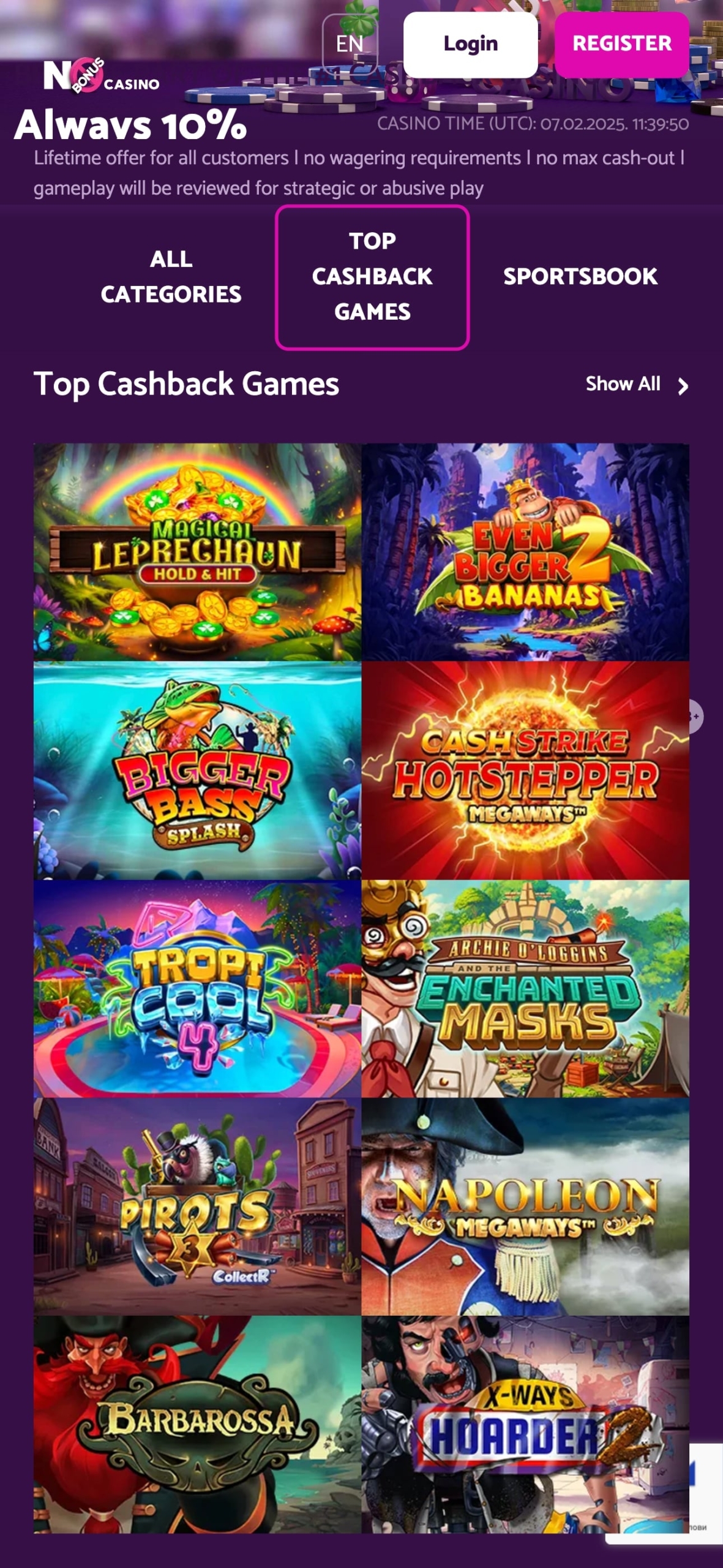 No Bonus Mobile Casino Homepage