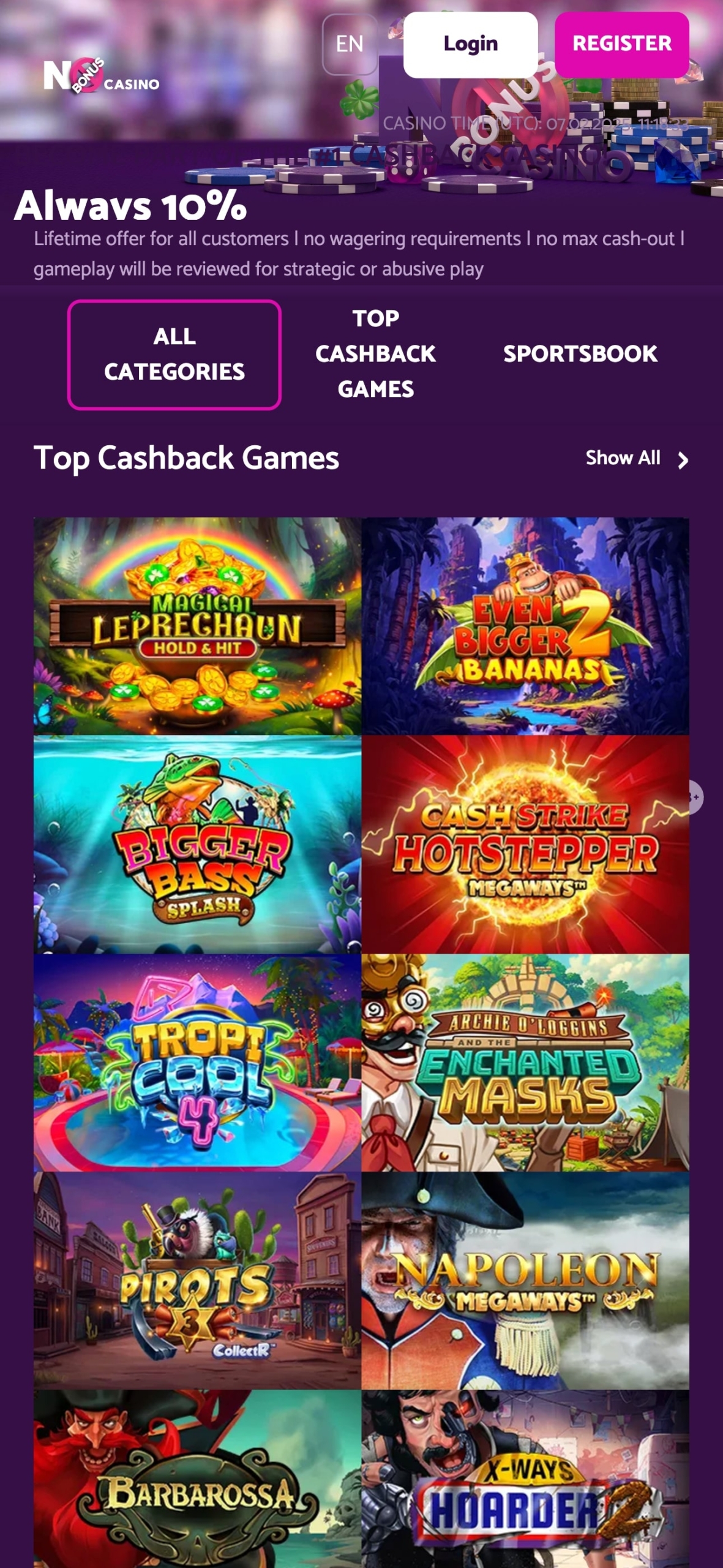 No Bonus Mobile Casino Homepage