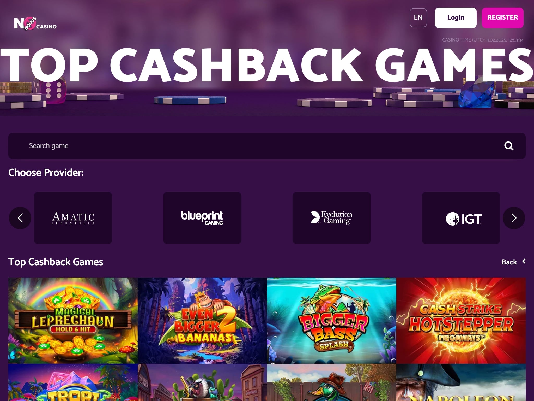 Top Cashback Games No Bonus Casino