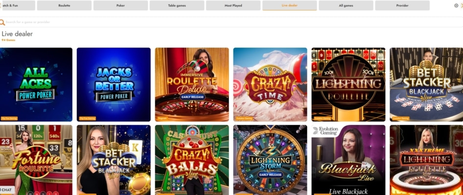 Live Dealer Lobby at Casimba Featuring Games Like Roulette, Baccarat, Blackjack, and Craps