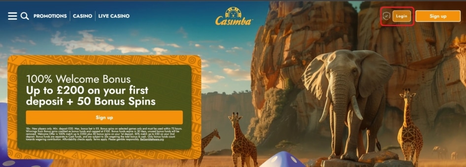 Account Login Button at Casimba Casino