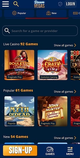 DreamVegas Casino Mobile Website Interface