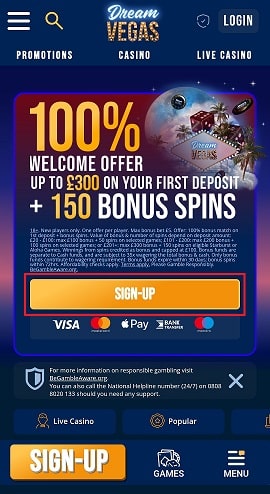 Mobile Sign Up Button at DreamVegas