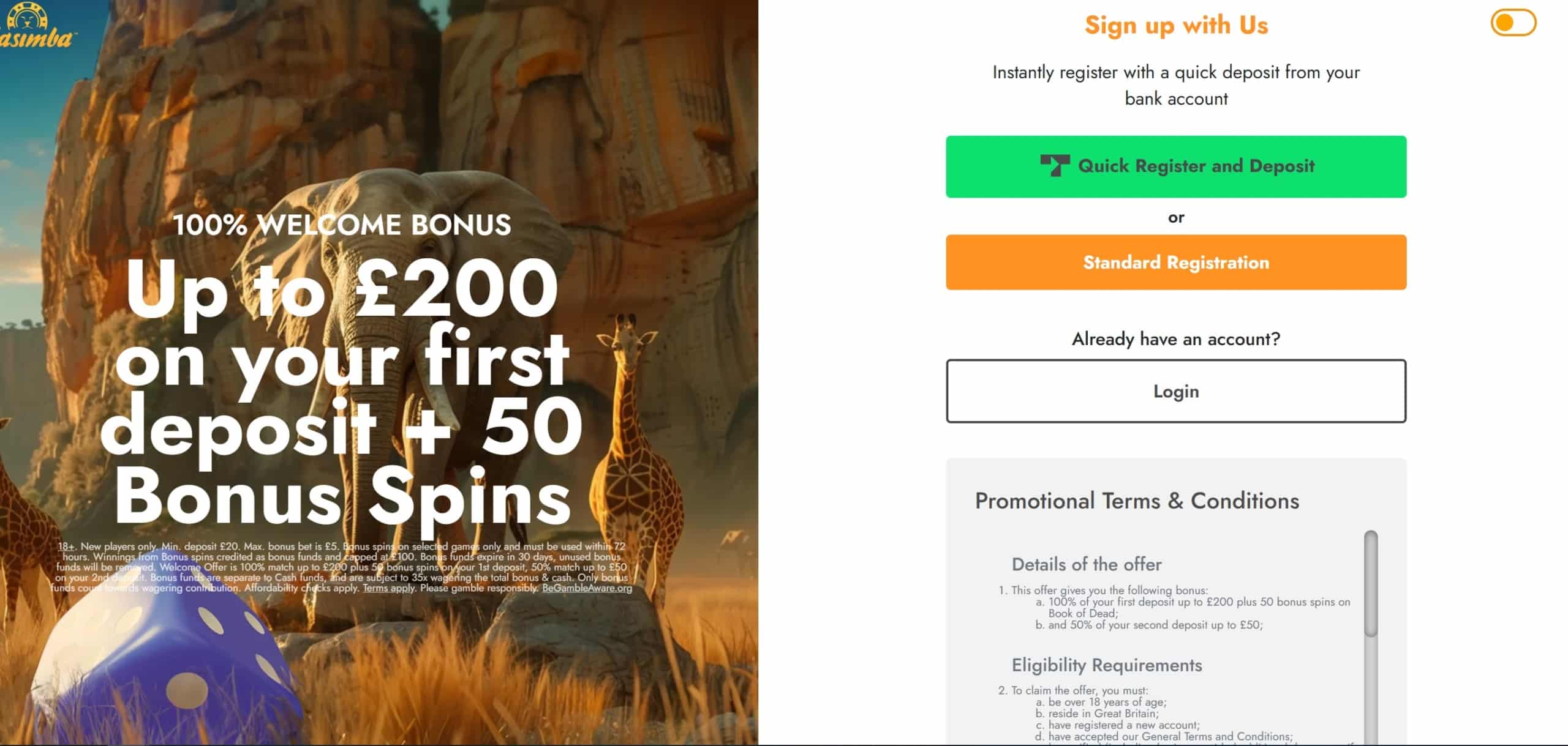 Registration Method Selection at Casimba Casino