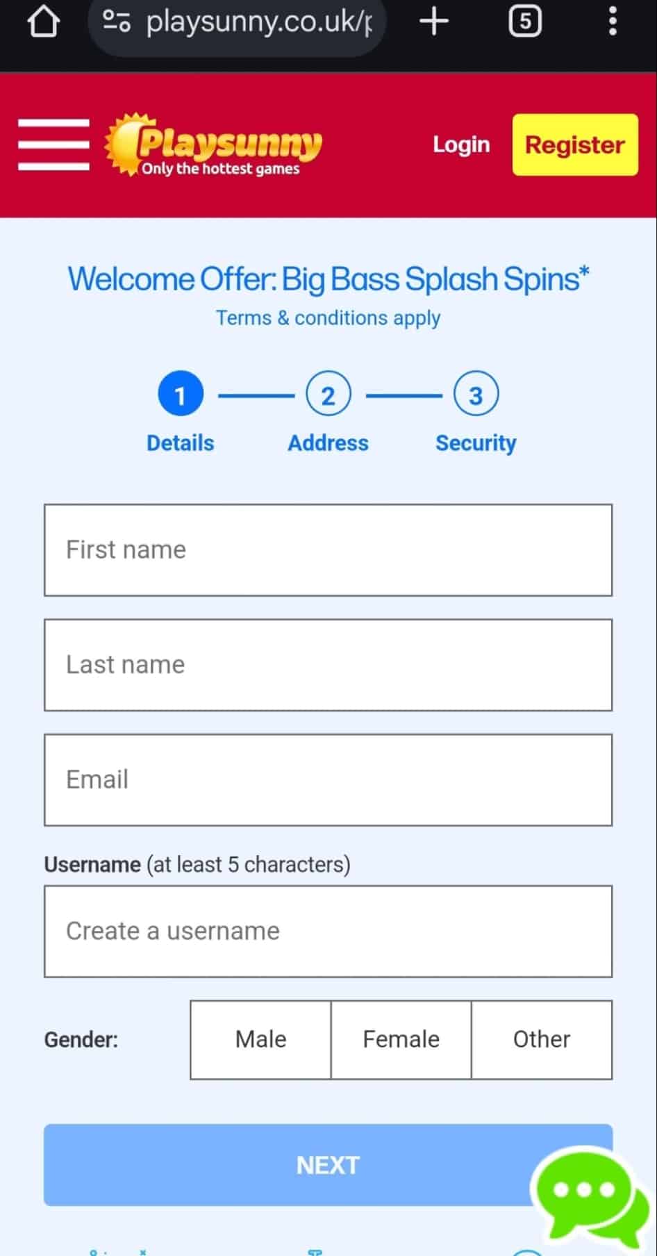 PlaySunny Casino Mobile page