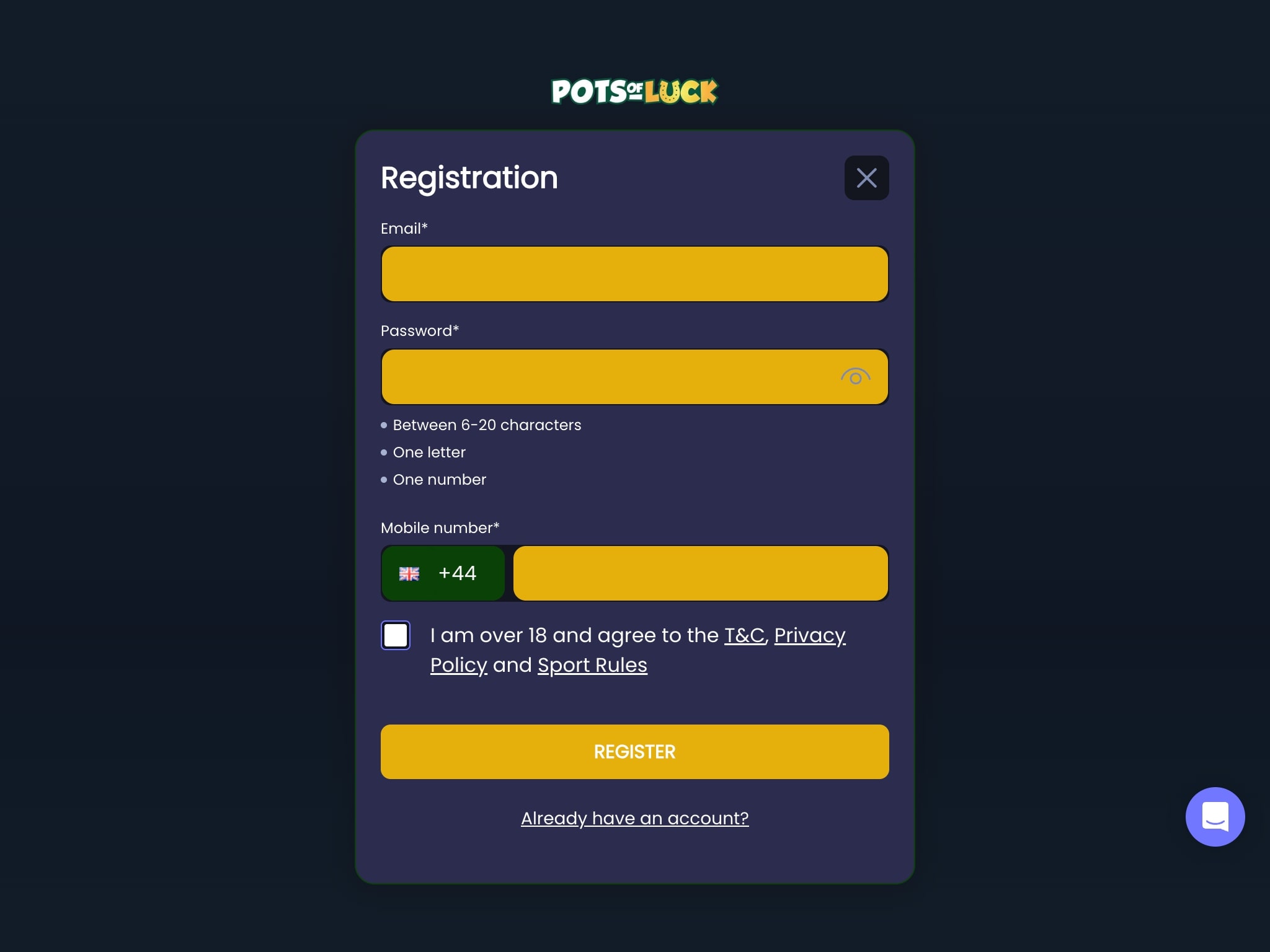 Pots of Luck Casino Signup and Login Instructions