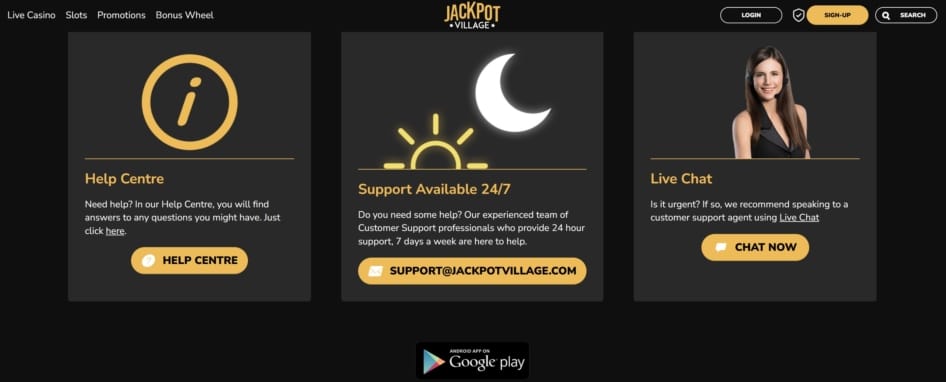 Jackpot Village Casino's Support System Includes Live Chat and Email