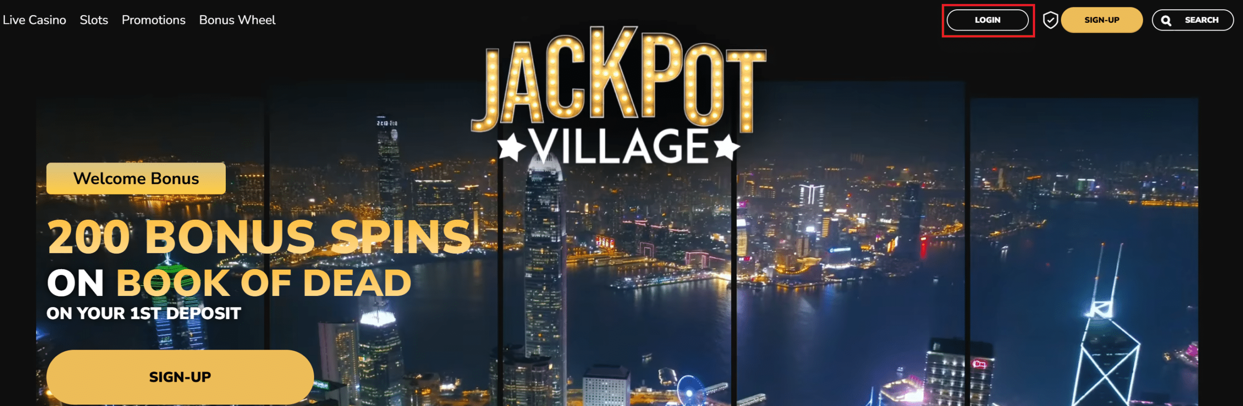 Login Button at Jackpot Village Casino at the Centre of the Main Page