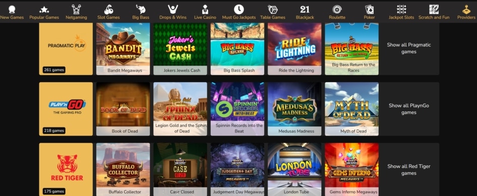 Jackpot Village Casino Provider Filtering Options
