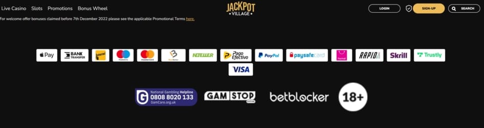 Payment Options at Jackpot Village Casino