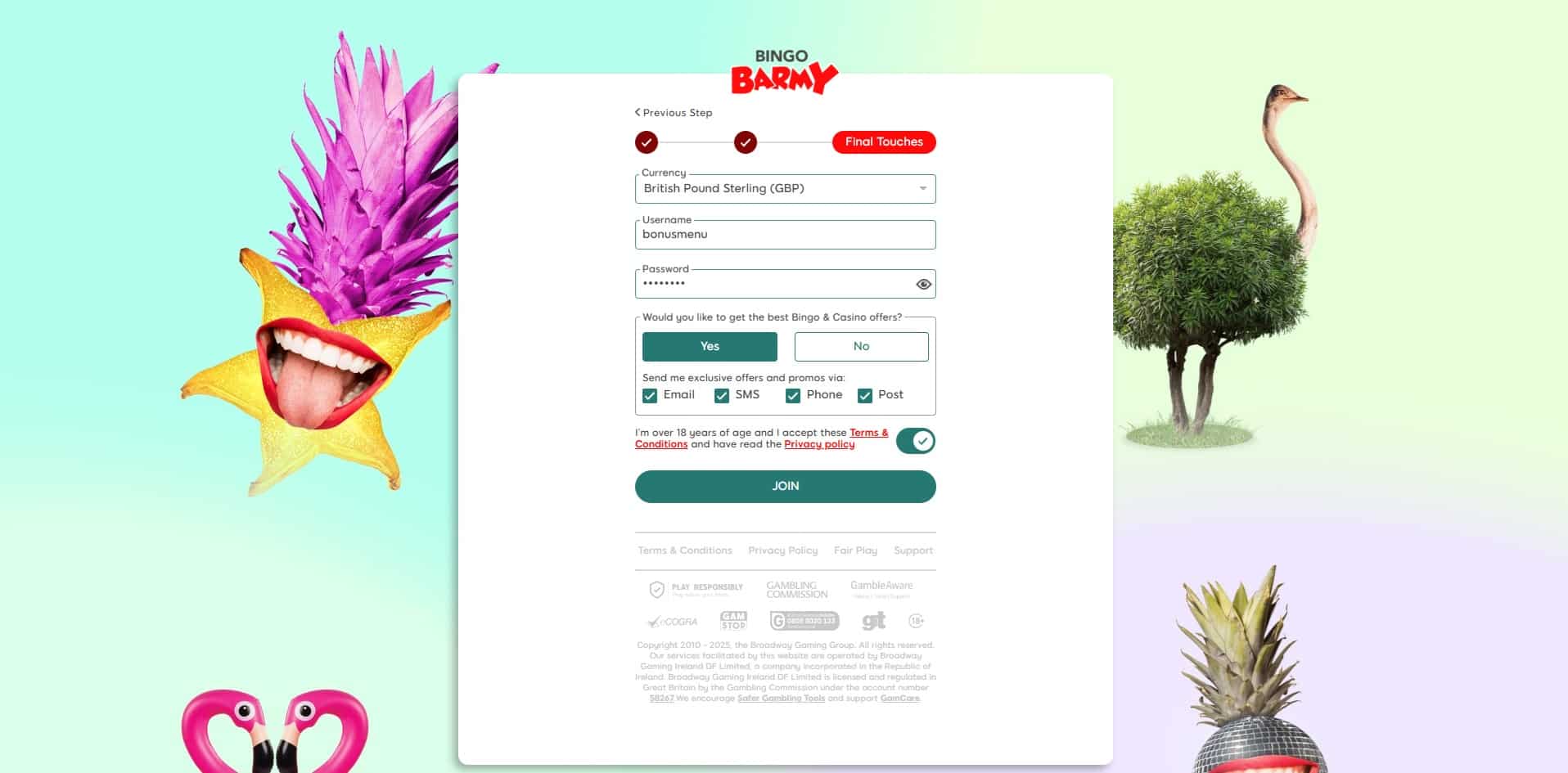 Final Bingo Barmy sign up page