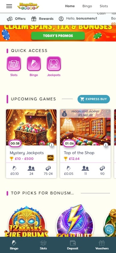 The Bingo Zino mobile site home page