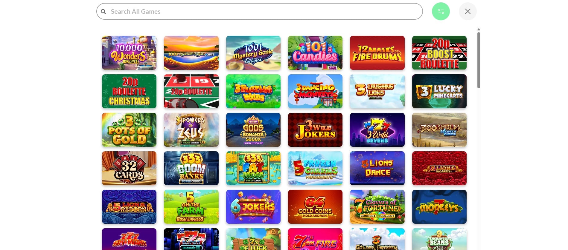 The collection of all games at Cosmic Spins