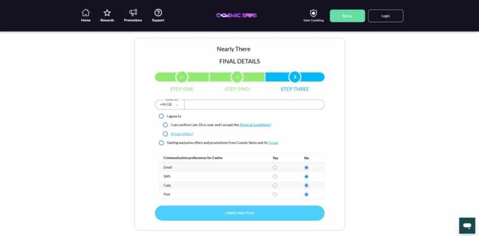 Last step of the Cosmic Spins sign up process