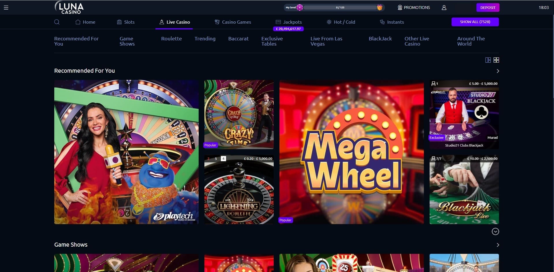 The live casino collection at Luna Casino