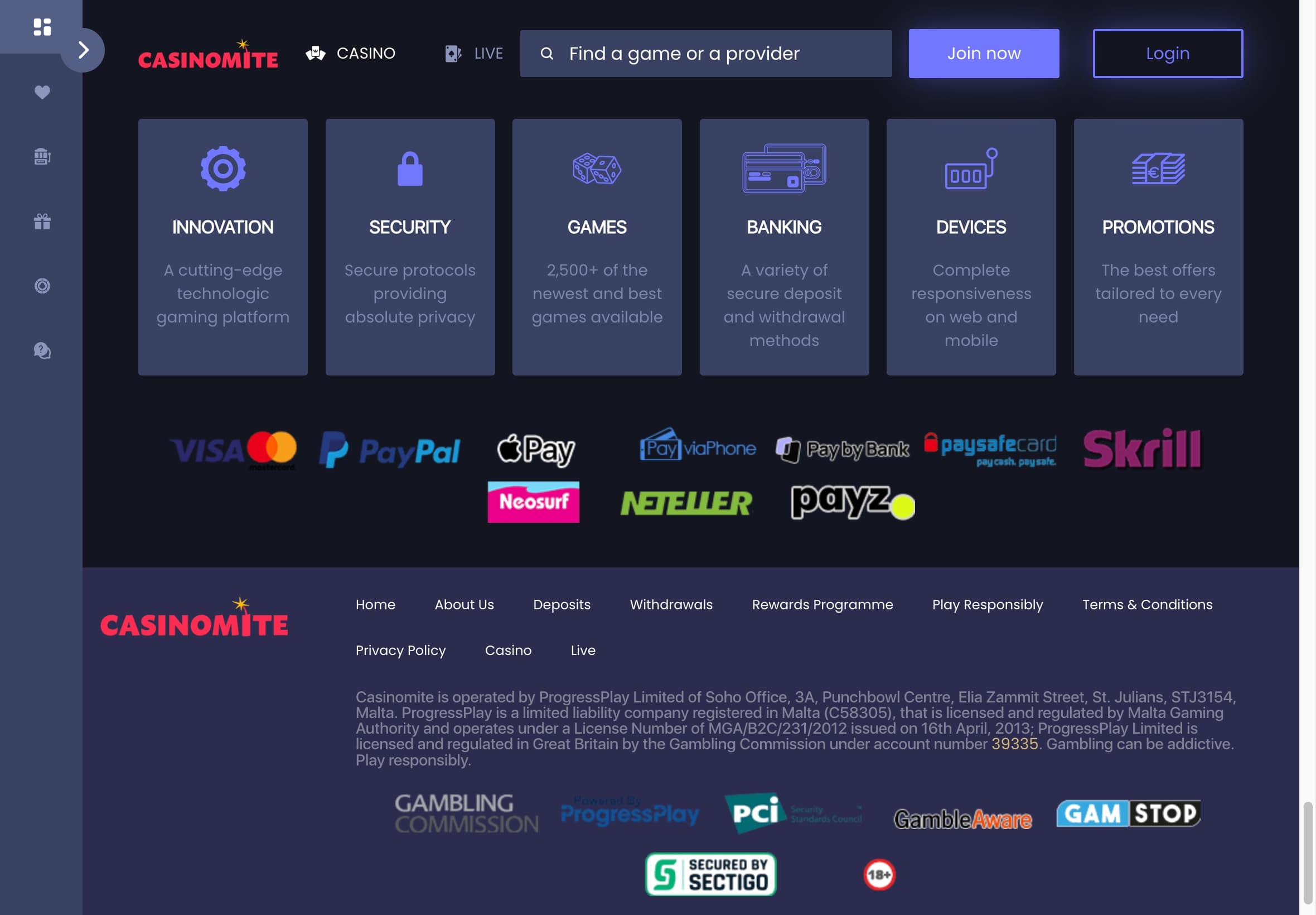Casinomite Casino Payment Methods