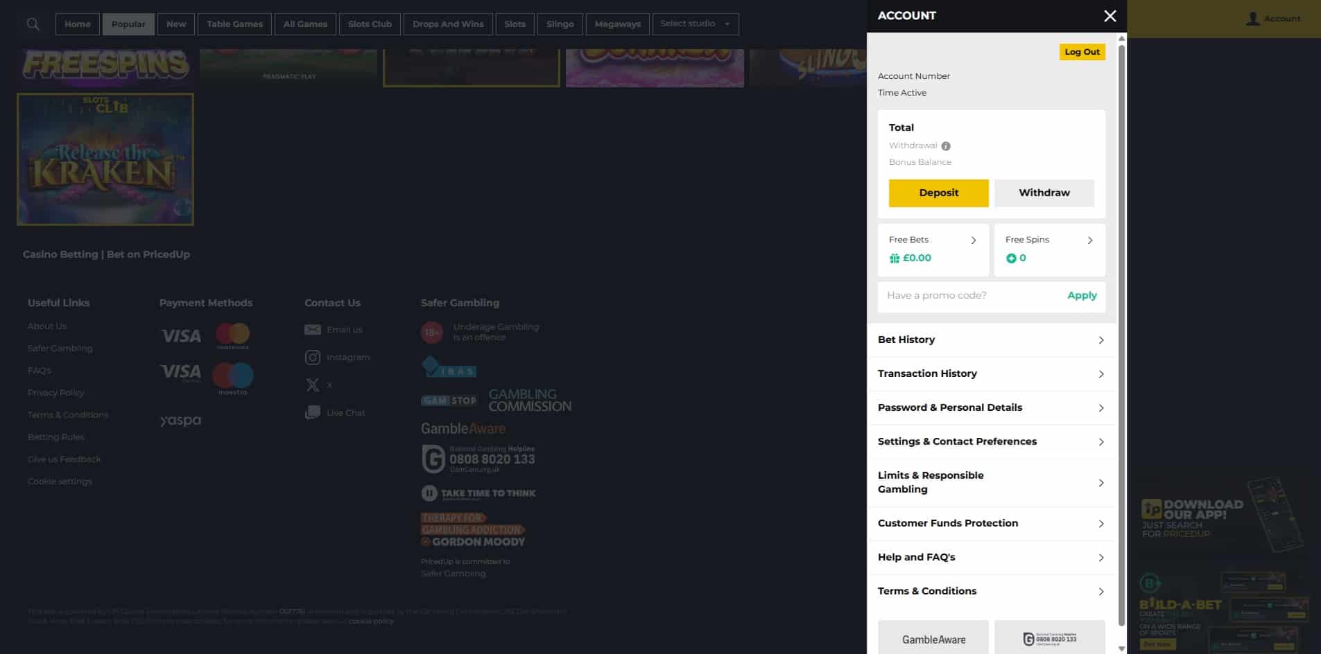 The account page at Priced Up Casino