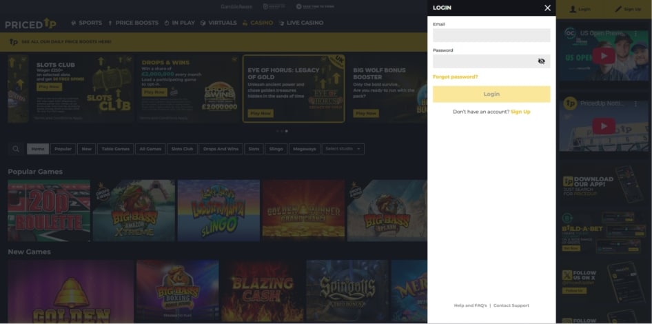 The log in page at Priced Up Casino