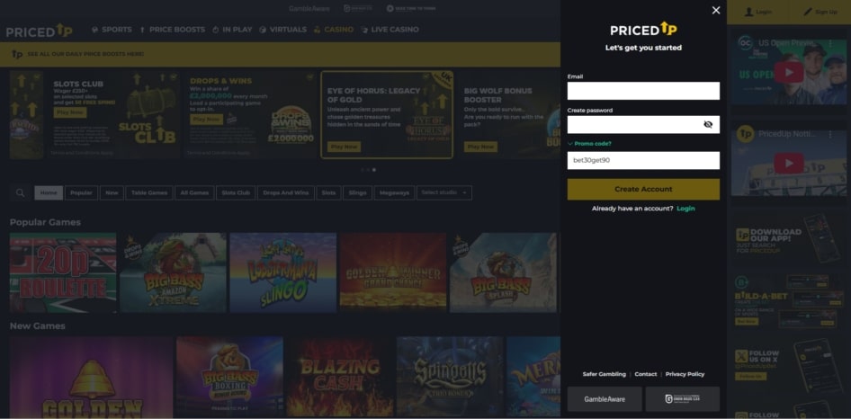 First page of the sign up process at Priced Up casino