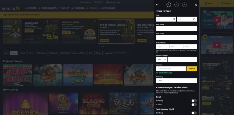Second page of the Priced Up Casino sign up process
