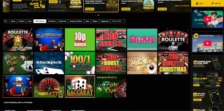 Table games at Priced Up Casino
