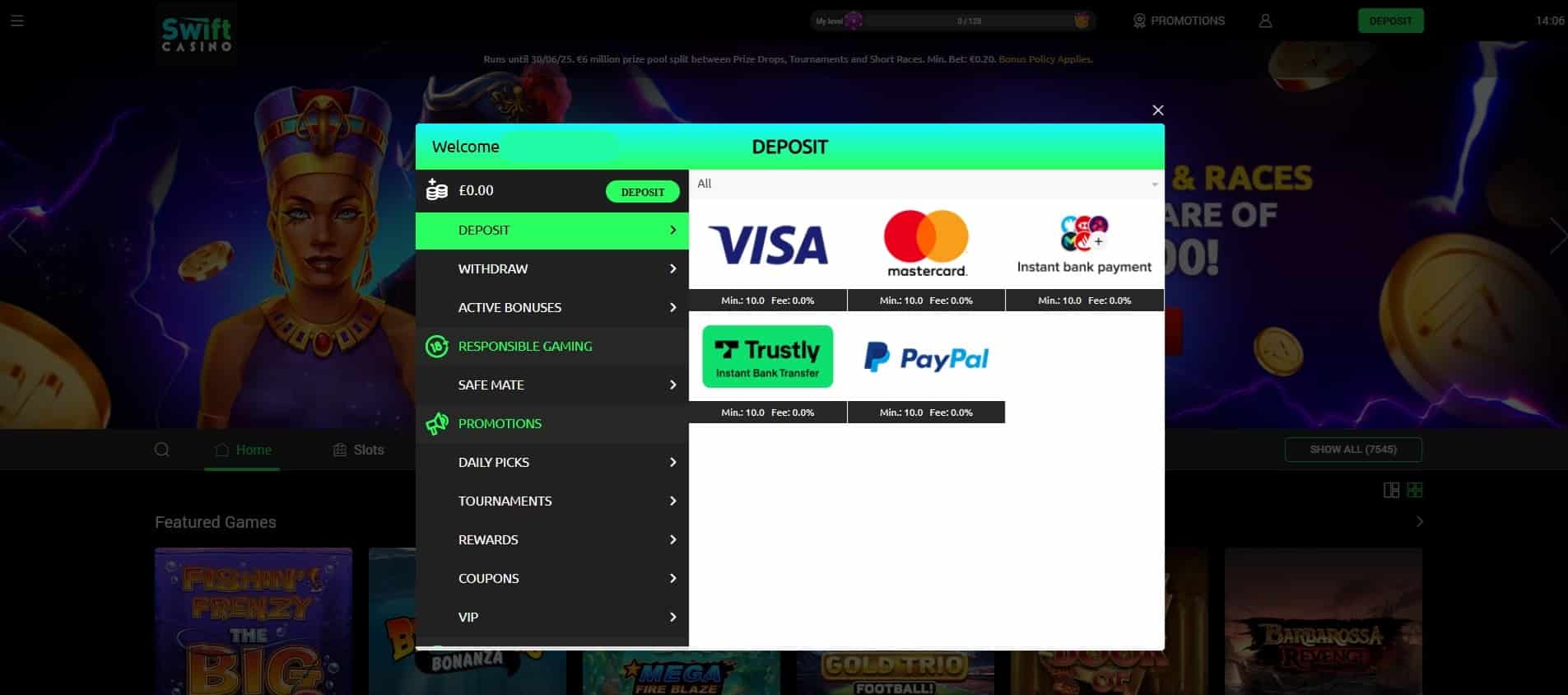The deposit page at Swift Casino
