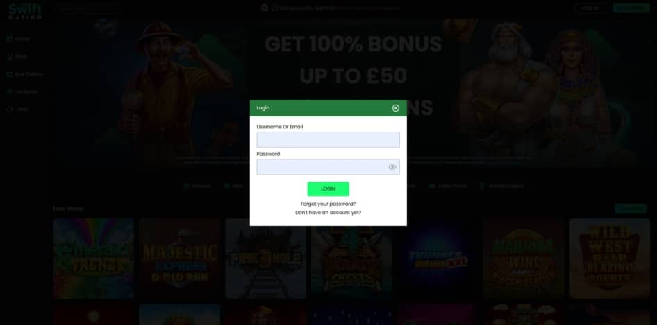 The Swift Casino log in page