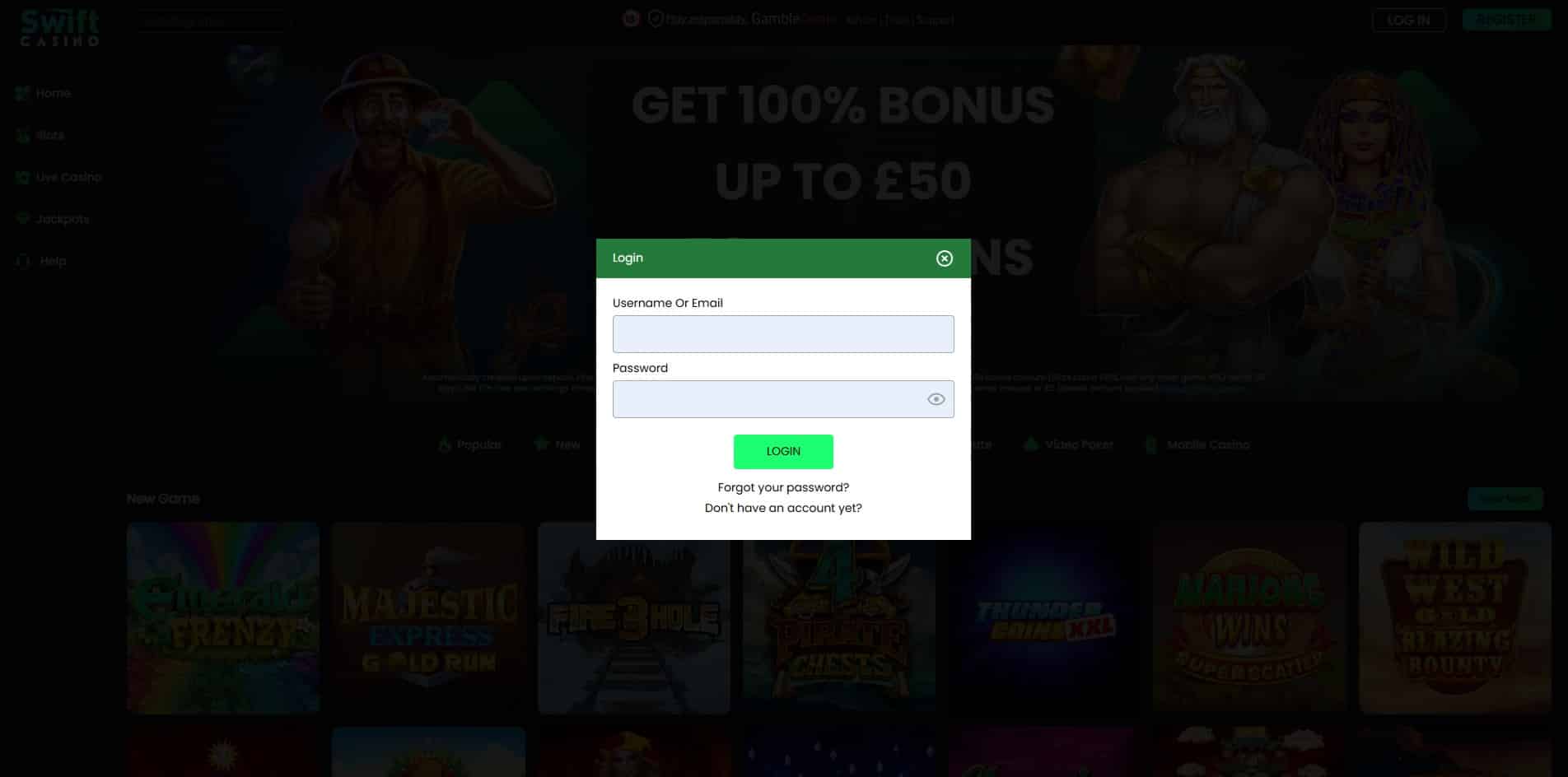 The Swift Casino log in page