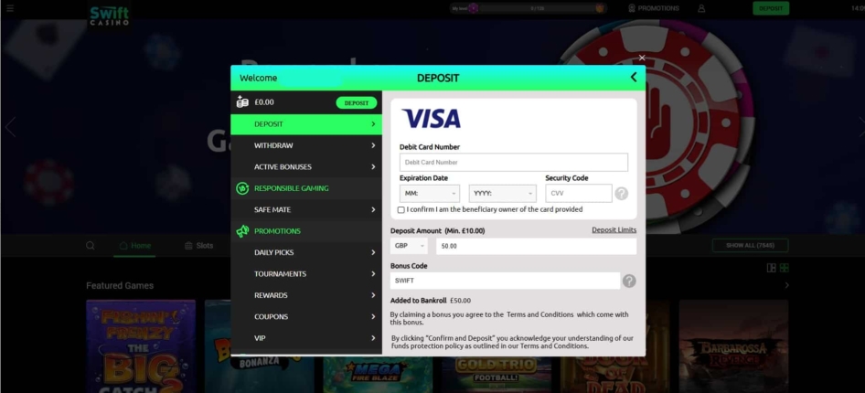 The Swift Casino promo code and deposit process