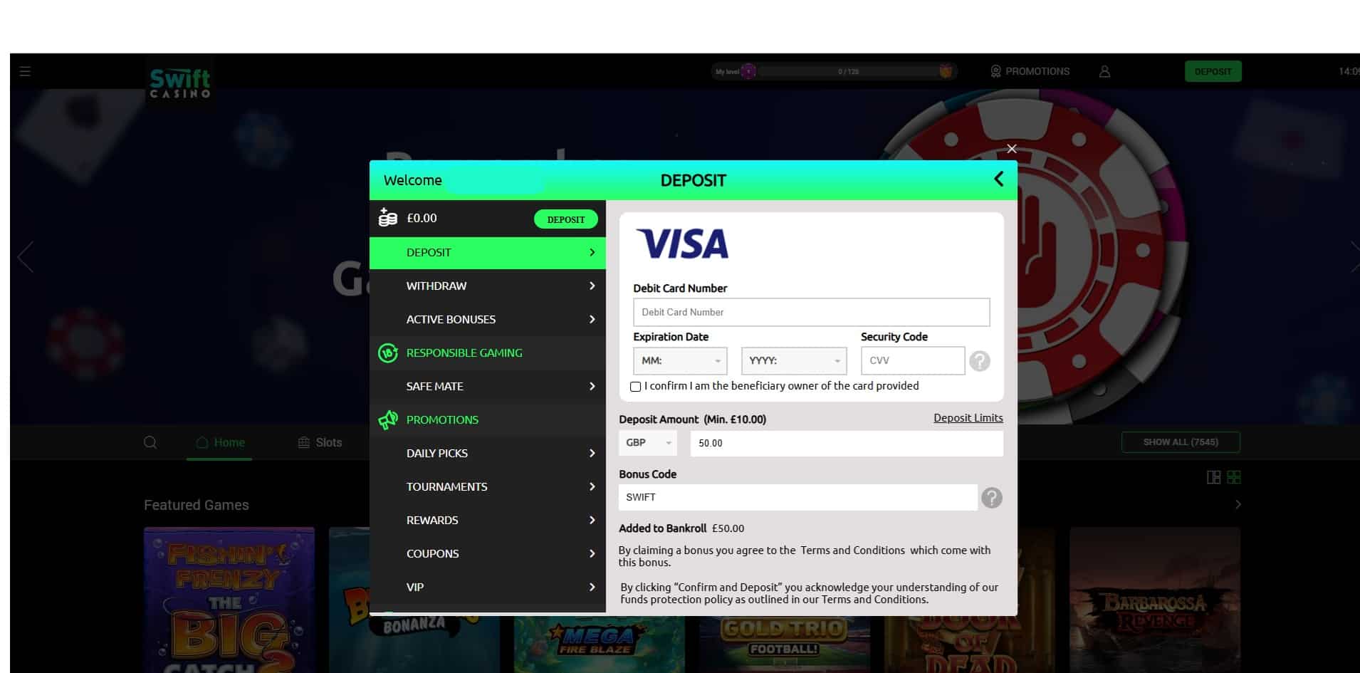 The Swift Casino promo code and deposit process