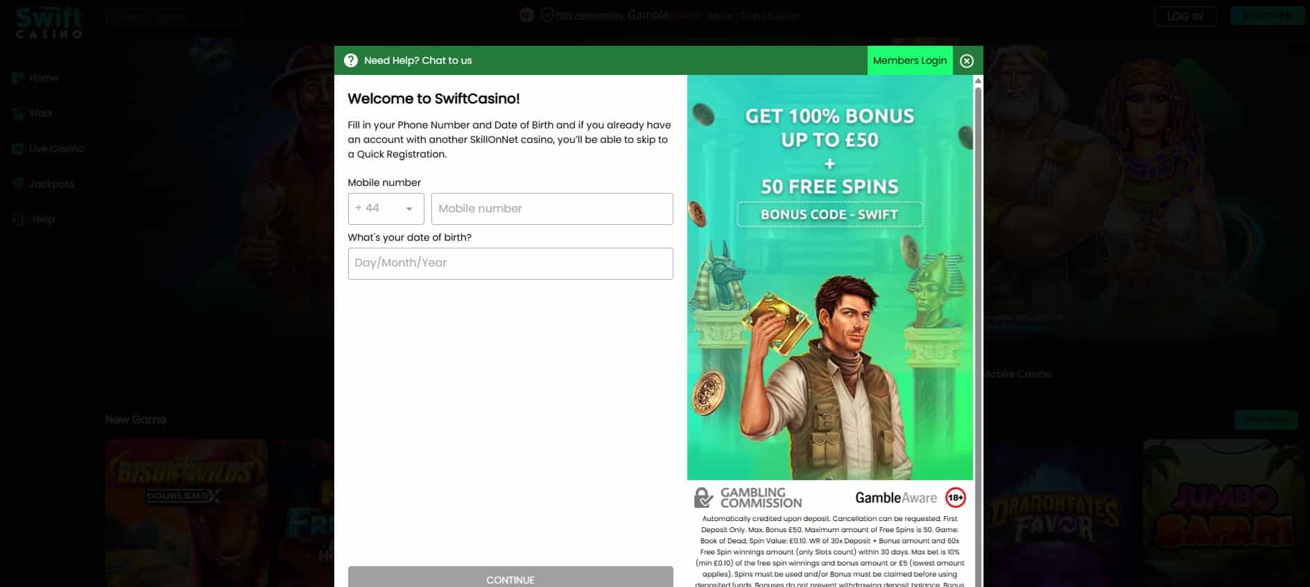 First page of the Swift Casino sign up process