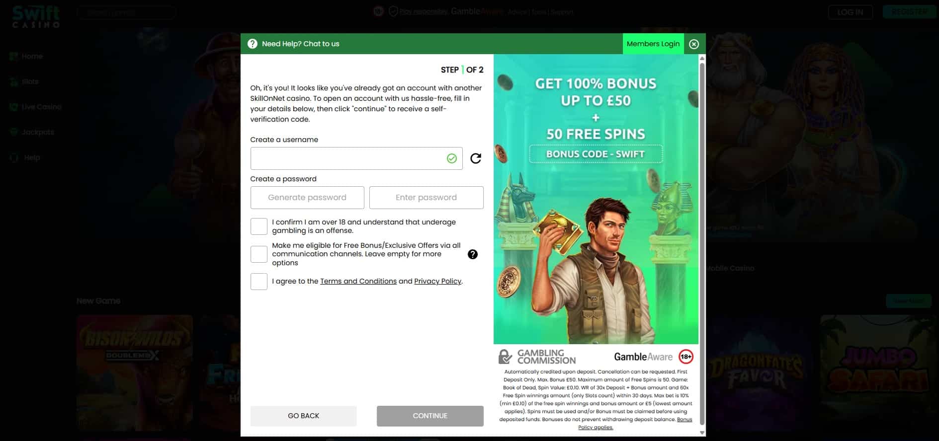 Second page of the Swift Casino sign up process