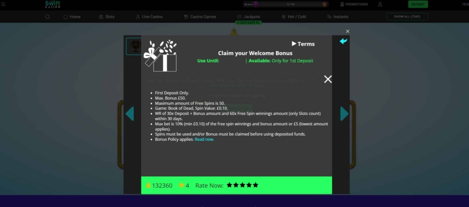 Swift Casino welcome bonus