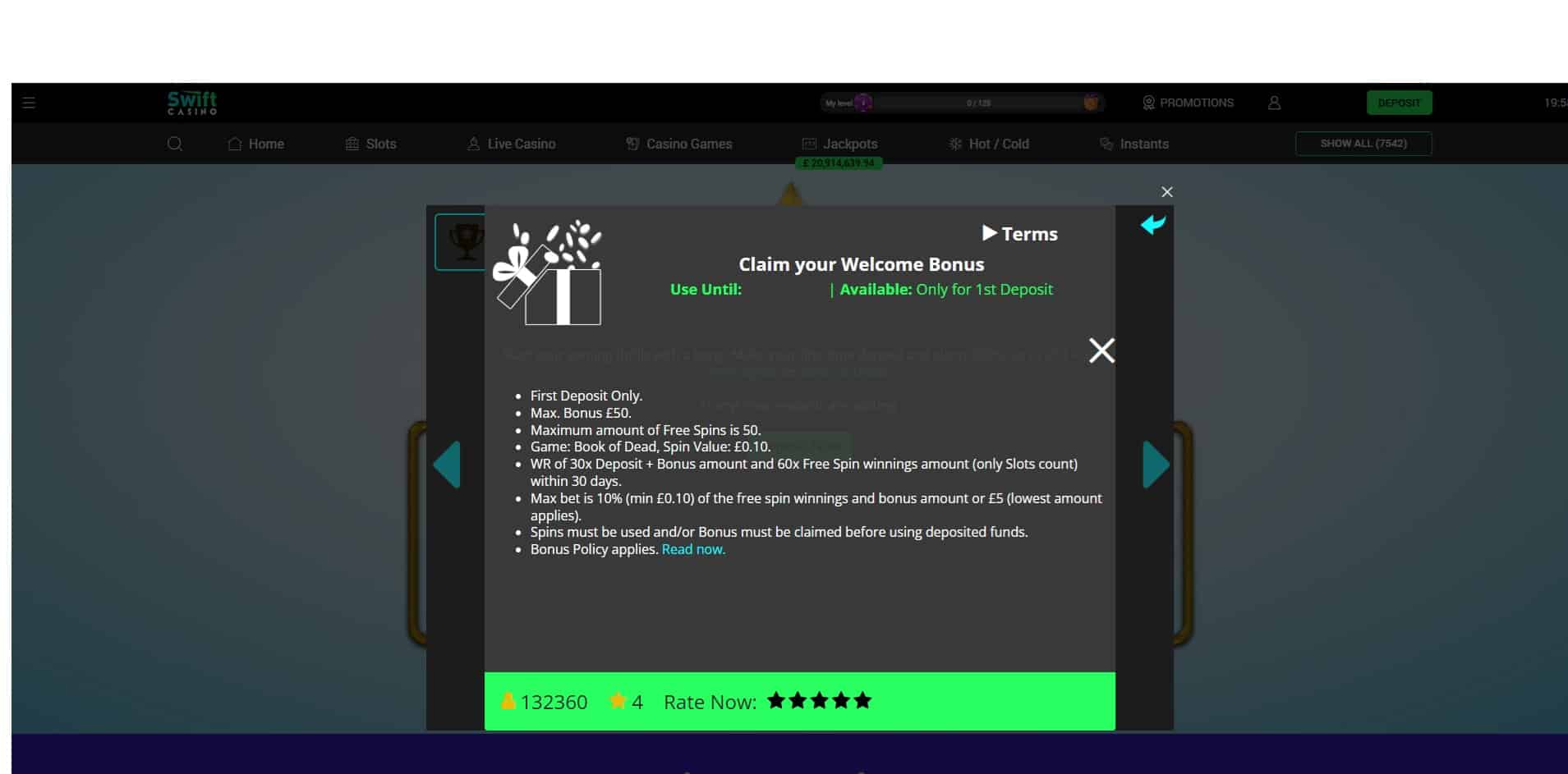 The Swift Casino welcome bonus