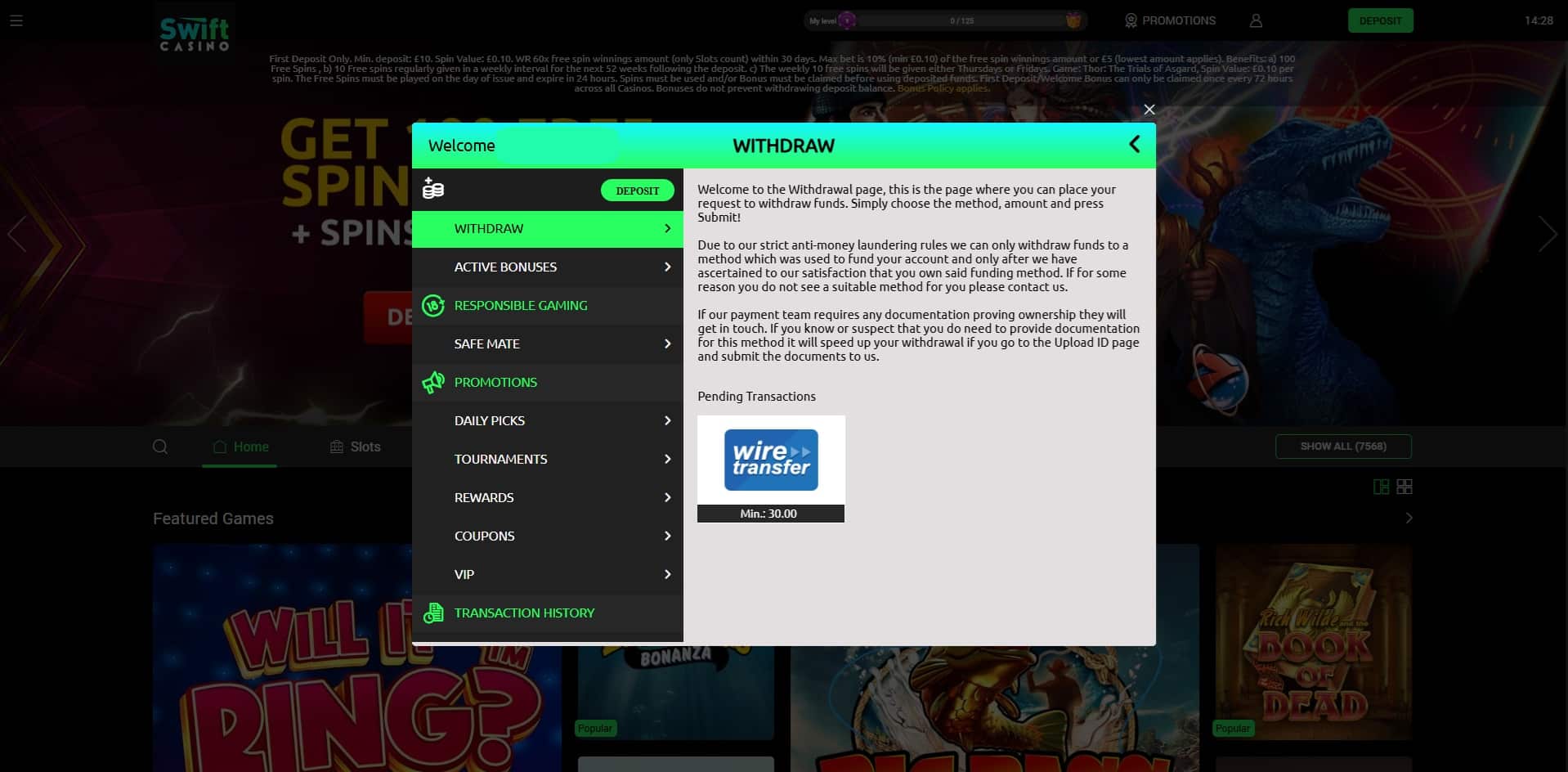 The Swift Casino withdrawal page