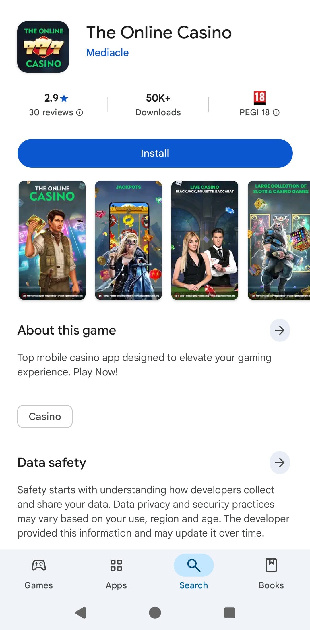 The Online Casino app in on Google Play