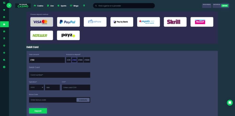 The deposit page at The Online Casino