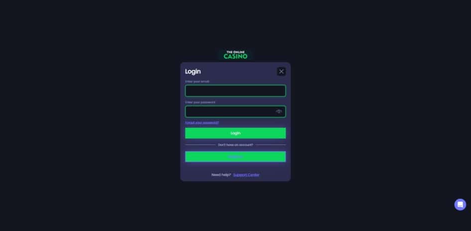 The Online Casino log in page