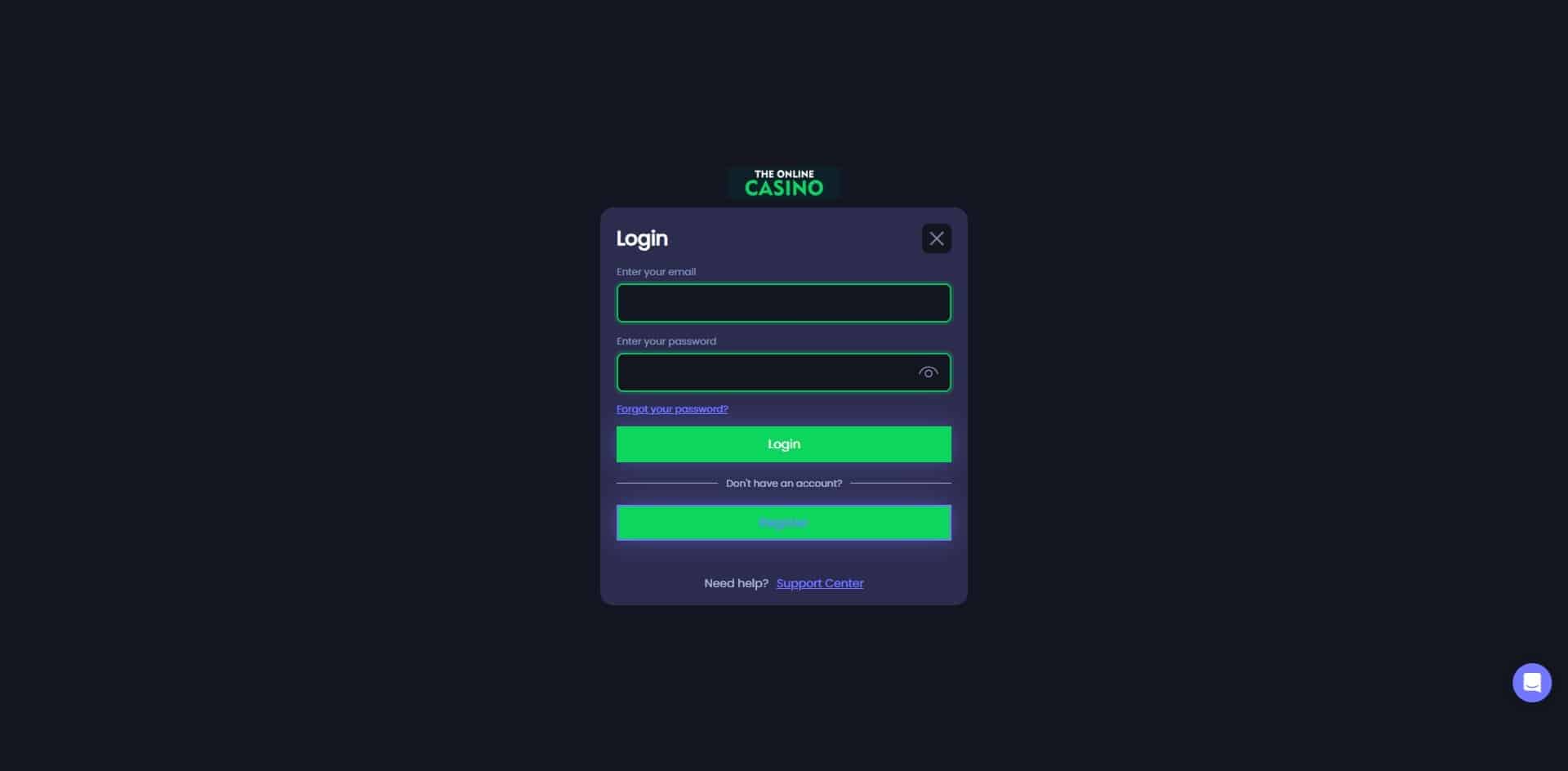 The Online Casino log in page