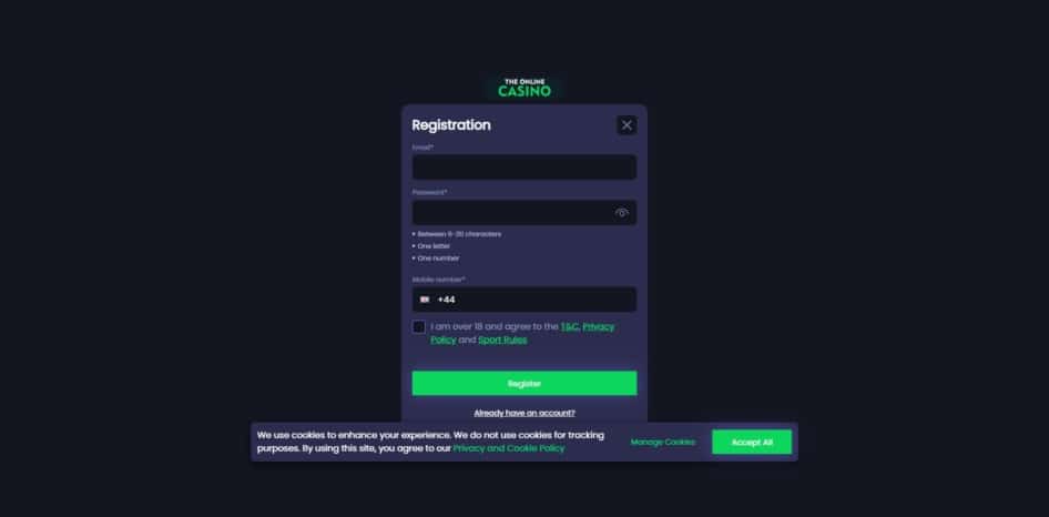 The first page of the sign up process at The Online Casino