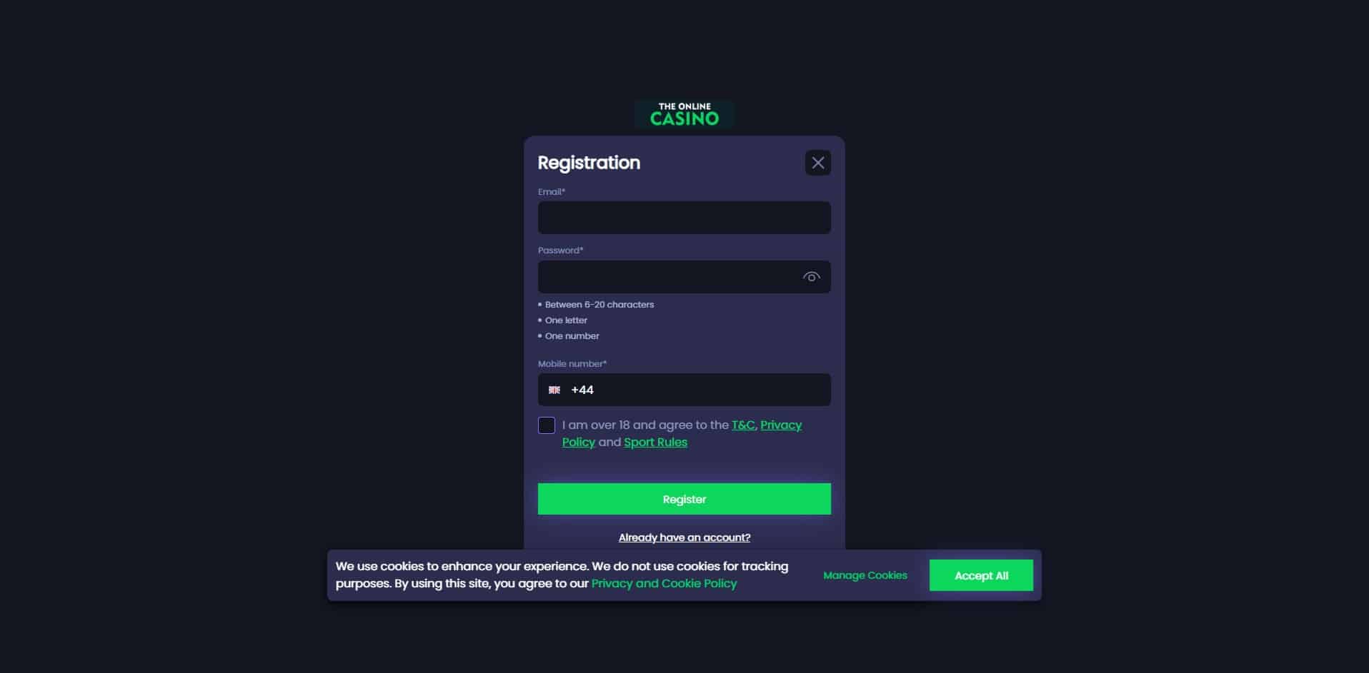 The first page of the The Online Casino sign up process